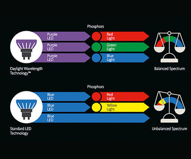 Diagram comparing Daylight Wavelength Technology and Standard LED Technology