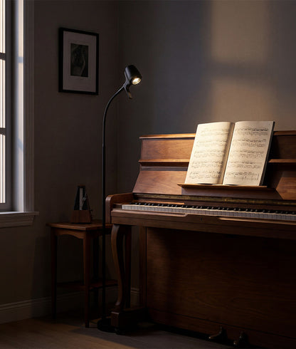 HD floor light next to piano